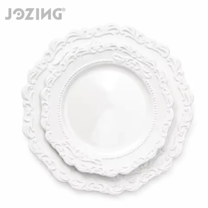 Baroque White Ceramic Plates with Embossed Scroll and Beaded Rim