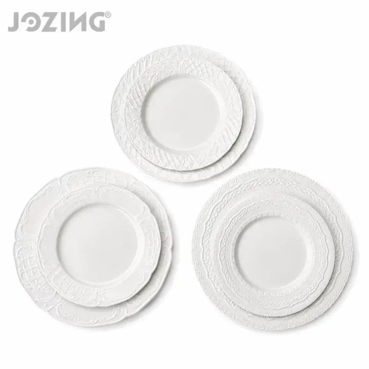 Wholesale Vintage Embossed White Ceramic 8-inch and 10-inch Dinnerware Set for Wedding