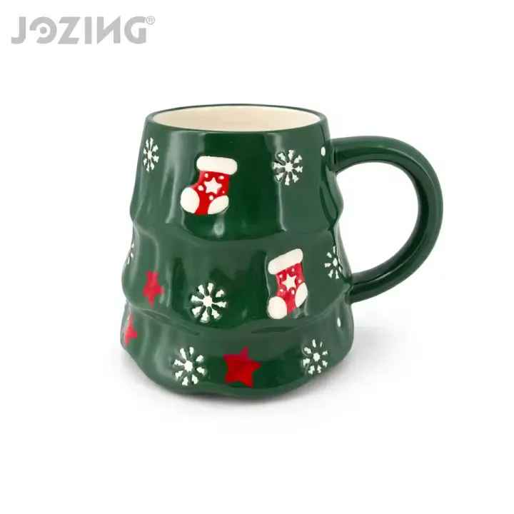 22oz Green Christmas Tree Ceramic Mug with Snowflake Relief