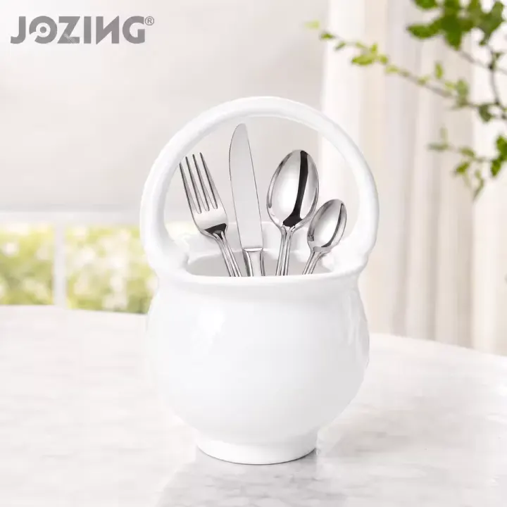 White Ceramic Basket Vase with Handle