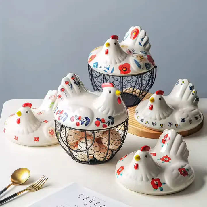 Ceramic Hen Egg Storage Basket with Iron Wire Base