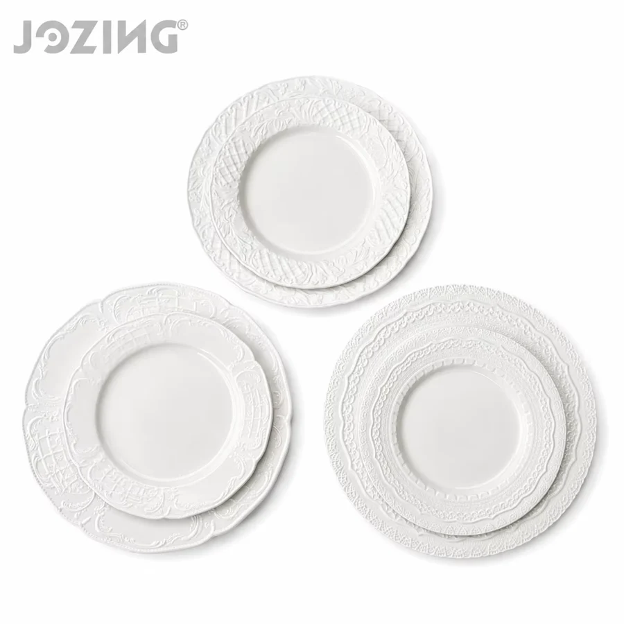 Wholesale Vintage Embossed White Ceramic 8-inch and 10-inch Dinnerware Set for Wedding