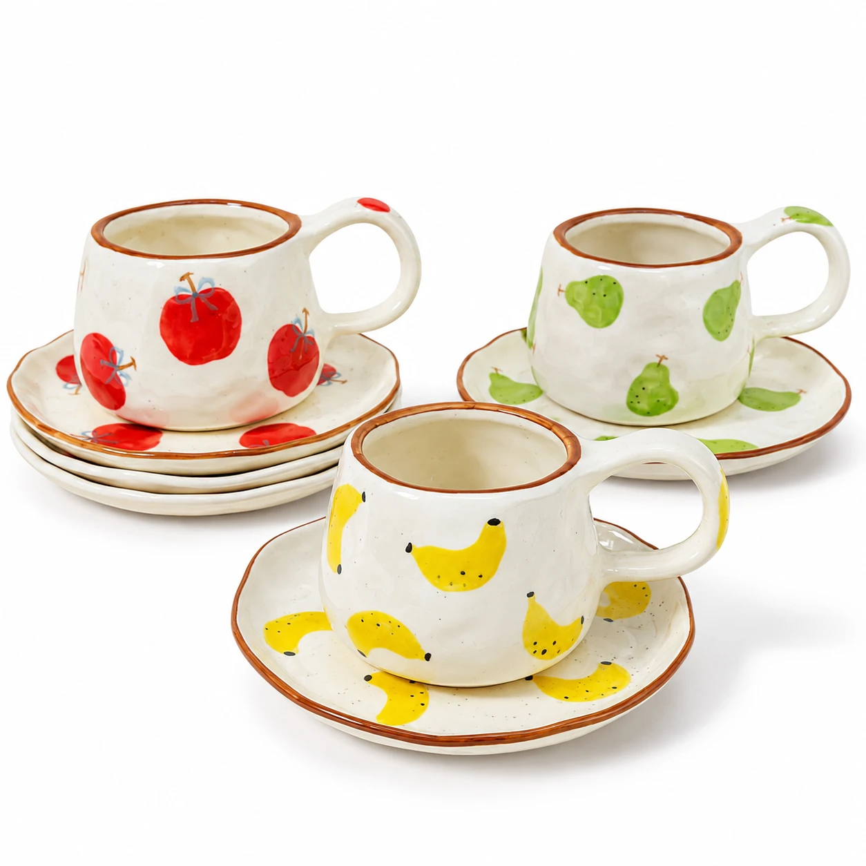 Cute Fruit Print Ceramic Coffee Cup & Saucer Set with Handle