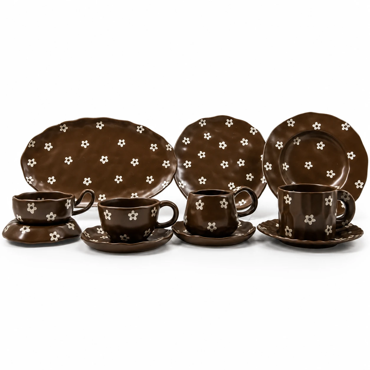 Vintage Dark Brown Floral Ceramic Dinnerware Set