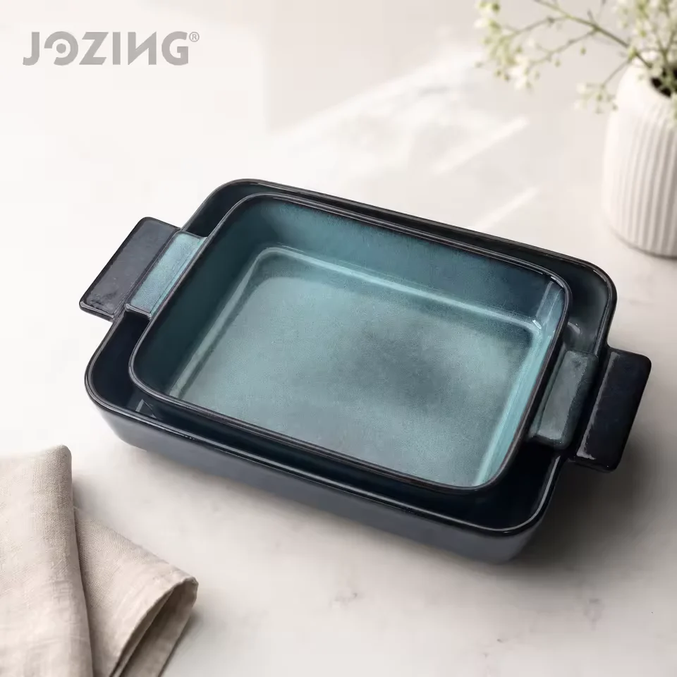 Dark Cyan Reactive-Glaze Rectangular Ceramic Baking Dishes