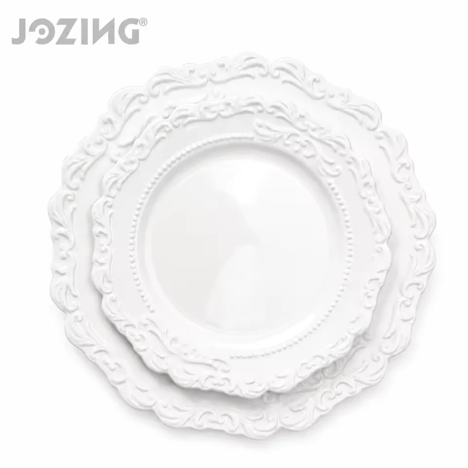 Baroque White Ceramic Plates with Embossed Scroll and Beaded Rim product view