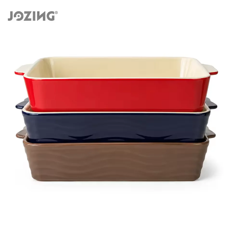 14inch Rectangular Ceramic Baking Dish in Red Navy and Brown