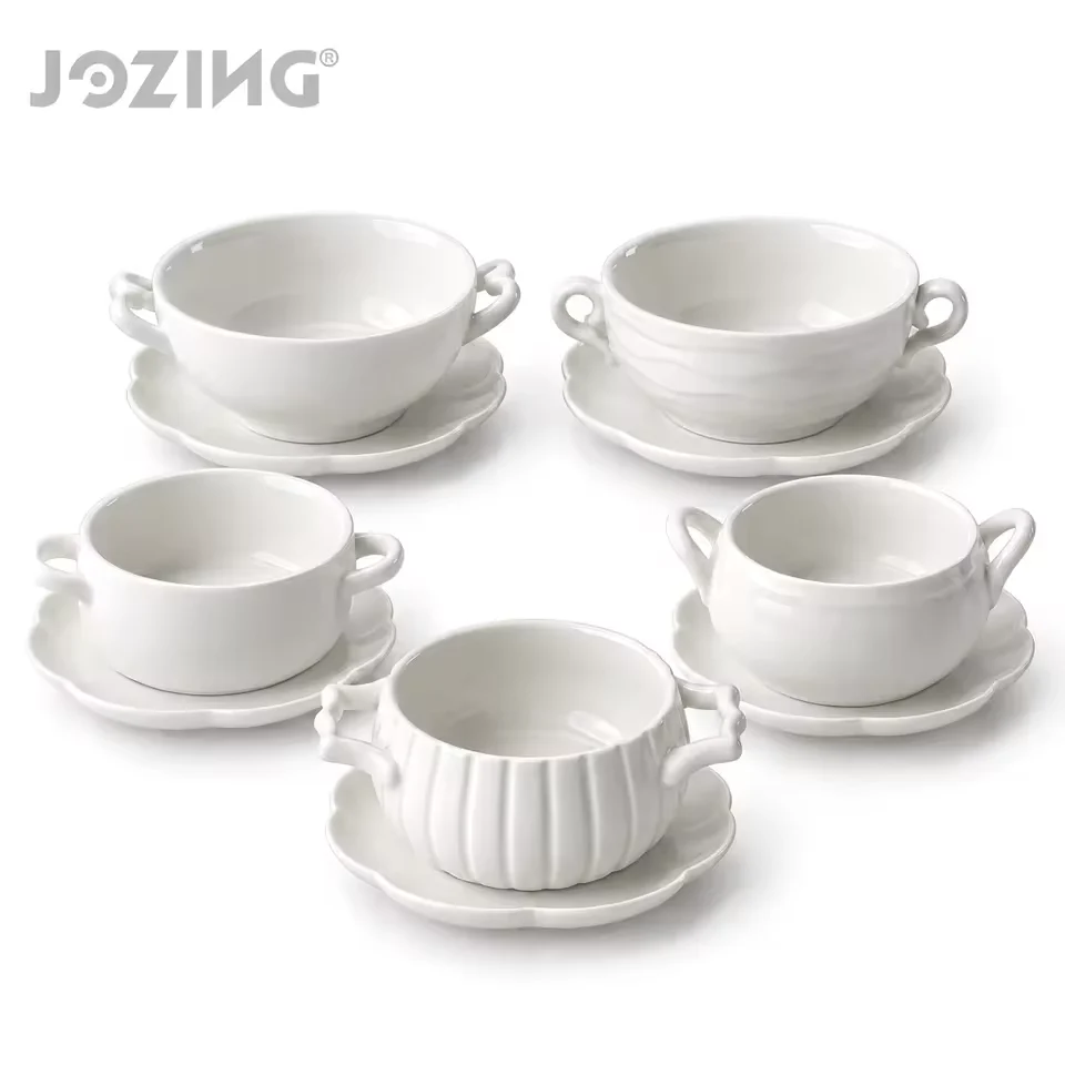 White Ceramic Double-Handle Soup Bowl and Scalloped Saucer Set product view