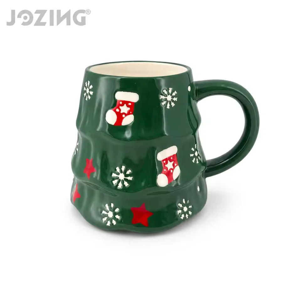 22oz Green Christmas Tree Ceramic Mug with Snowflake Relief