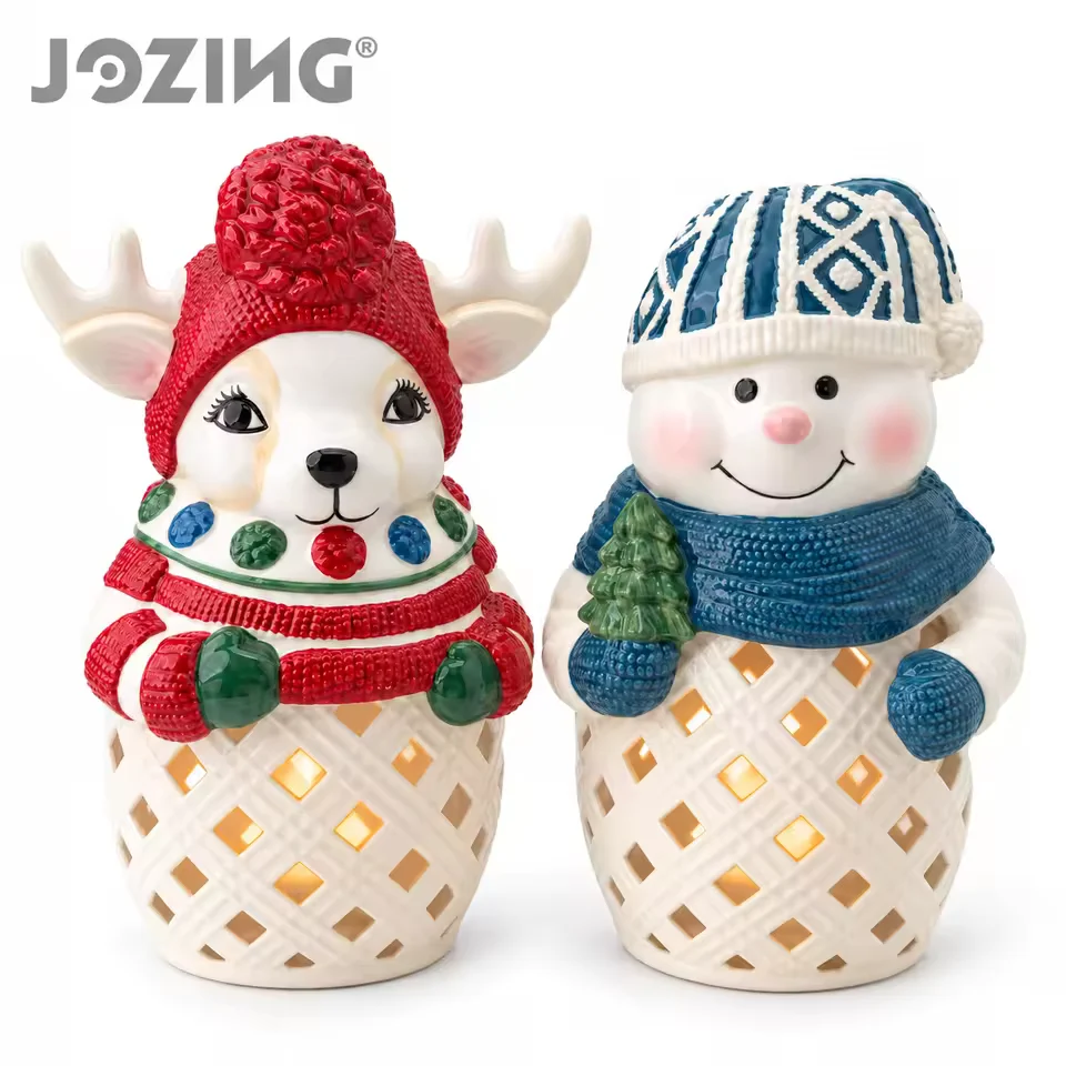 Christmas Reindeer and Snowman Ceramic Candle Holders product view