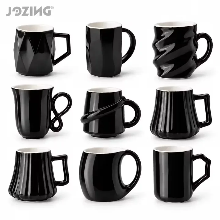 Wholesale 10oz Black Glossy Ceramic Mugs in Modern Textured Designs