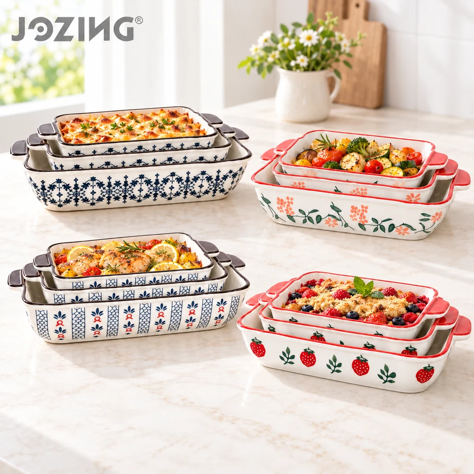 3-Piece Rectangular Ceramic Baking Dish Set – Blue & White Floral product view